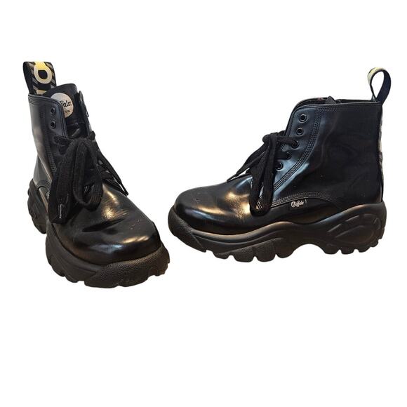 Buffalo London Gilian Black Leather Side Zip Chunky Ankle Boot sz 39 Bootie - Picture 1 of 10